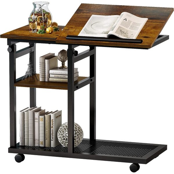 Adjustable C Table with Wheels, Rolling Side Table with Tiltable Board Mobile Couch Snack Table.