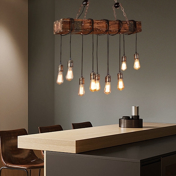 Farmhouse 10-Light Wood Linear Chandelier Pendant for Dining Room - 43.34''