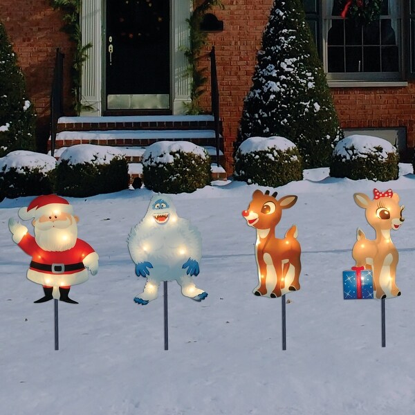 4 Lighted Rudolph Friends Christmas Pathway Markers Clear Lights - Blue