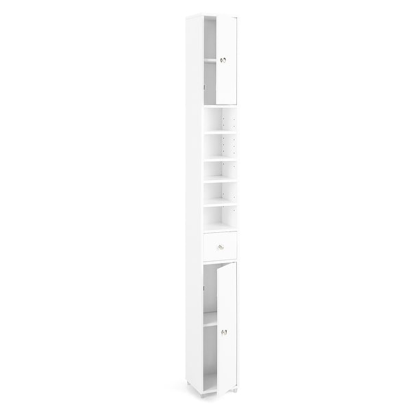 Gymax Tall Slim Bathroom Storage Cabinet Linen Tower w/ Drawer &