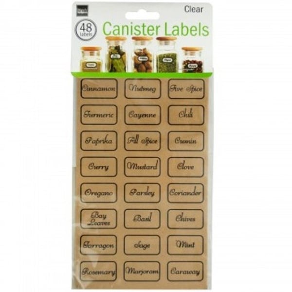 Clear Kitchen Pantry Preprinted Storage Canister Labels Set - 48 Stickers - Tag and Organize Spices, Dry Goods and More!