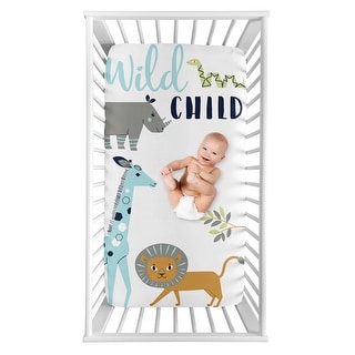 Safari Animals Collection Boy Photo Op Fitted Crib Sheet - Turquoise and Navy Blue Mod Jungle Lion Giraffe
