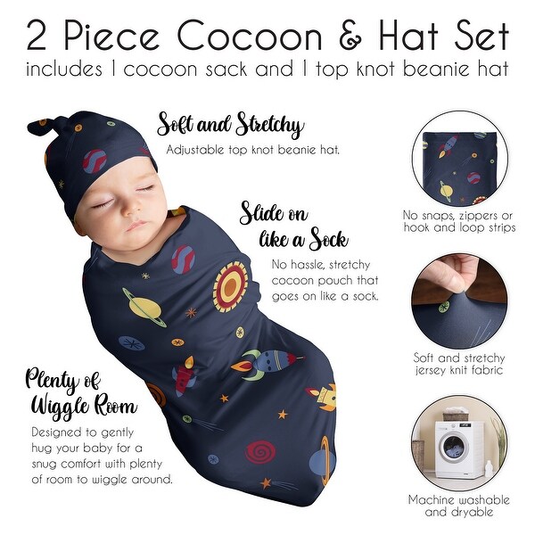 Space Galaxy Collection Boy Baby Cocoon and Beanie Hat Sleep Sack - 2pc Set - Navy Blue Planets Star and Moon Rocket Ship