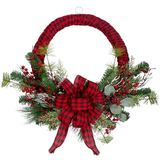 Red Black Buffalo Plaid Berry Artificial Christmas Wreath - 24", Unlit