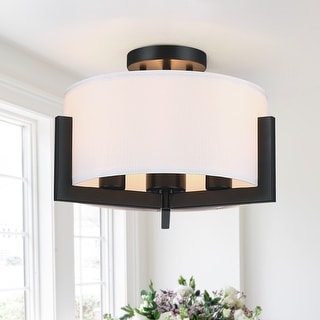 14 in. 3-Light Matte Black Semi-Flush Mount Ceiling Light with Drum Shade - 14"W