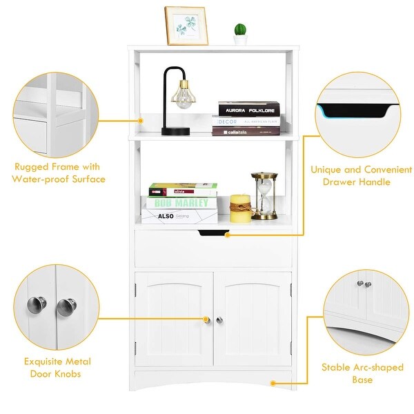 Bathroom Floor Cabinet with Drawer, 2 Open Shelves and Door Cupboard, Multipurpose Free Standing Storage Cabinet