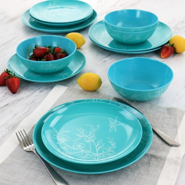 Flower Vines Melamine Dinnerware 12 Piece Set in Teal