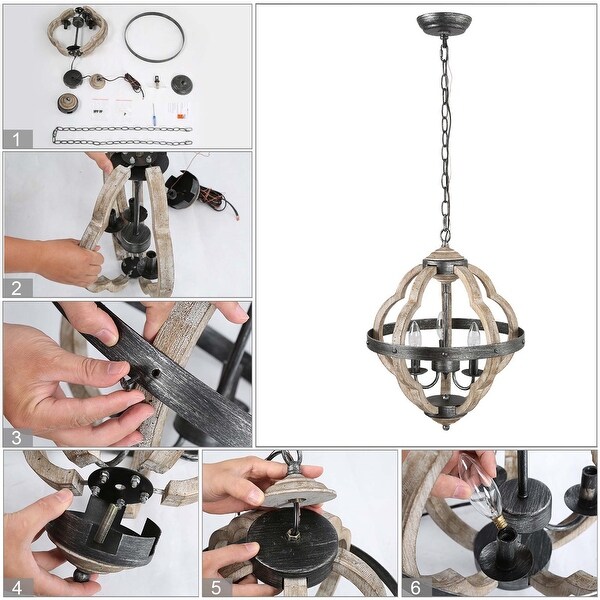 Modern Farmhouse Antiqued Wood Island Pendant Light 3-light Orb Chandelier - W 15"x H 19"