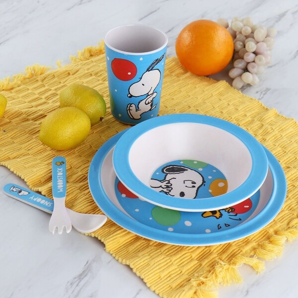Peanuts Fun Times 5 Piece Kid's Bamboo Melamine Dinnerware Set in Blue - 5 Pieces