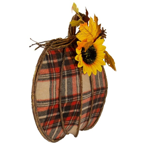 14" Orange and Brown Plaid Fall Harvest Pumpkin Wall Decor