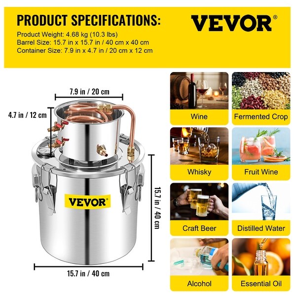 VEVOR Alcohol Still Moonshine Still 3-13.2Gal Stainless Steel 2 PotS Water Alcohol Distiller Copper Tube Home Brewing Kit