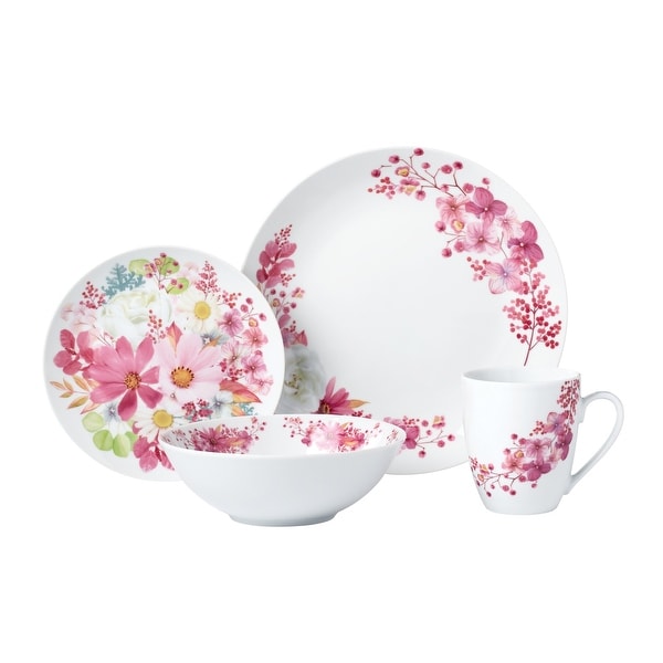 16PCs Coupe Shape Stonelain Dinnerware with Full Summer Flowers Decal, Service for 4