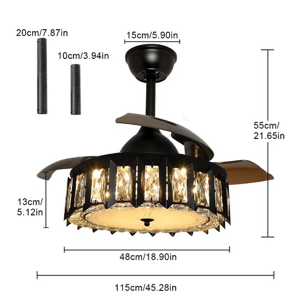 Depuley 36-inch LED Iron&Crystal Ceiling Fan with Light Kit,3 Color Temperatures&3 Retractable Blades