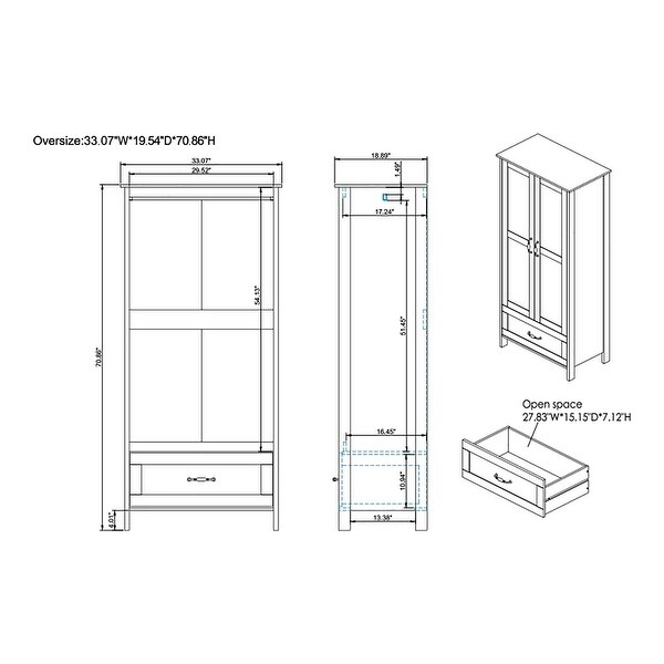 DH BASIC Rustic Distressed Walnut Double-doors Wardrobe Closet with 1-Drawer by Denhour