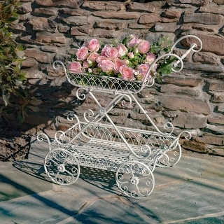 Two Tier Iron Flower Push Cart in Antique White "Odesa 1794" - 21.65x33.85x36.61