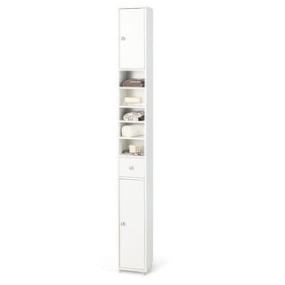 Gymax Tall Slim Bathroom Storage Cabinet Linen Tower w/ Drawer &