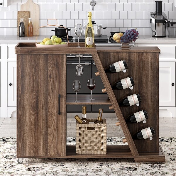 Kitchen Island Cart on Wheels Wood Cabinets with 5 Wine Holders and Storage Cart