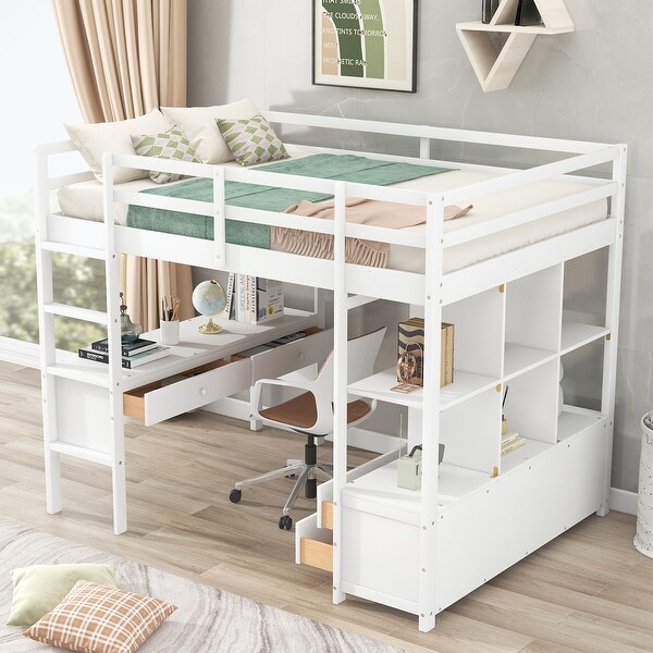 Full Size Loft Bed with Built-in Desk with Two Drawers