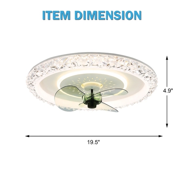 Oaks Aura 20in.Glam Crystal Low Profile Ceiling Fan with Light, 6- Speed Flush Mount Ceiling Fan With Remote - White