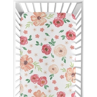 Sweet Jojo Designs Peach and Green Watercolor Floral Collection Fitted Crib Sheet