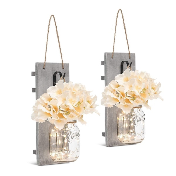 Mason Jar Sconces with LED - Fairy Lights,Vintage Wrought Iron Hooks - Medium