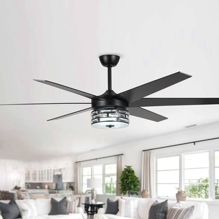 Modern 70-in Matte Black 6-Blade Crystal LED Ceiling Fan with Light and Remote - 70-in W x 21.9-in H
