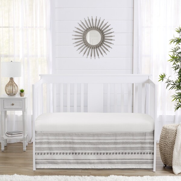 Grey Boho Tribal Bohemian Boy Girl Unisex Crib Bed Skirt Jacquard Aztec Gender Neutral Modern Geometric Stripes Ivory Textured