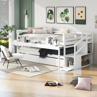 Twin Size Daybed with Double Trundle, Flexible Desk and Storage Staircase