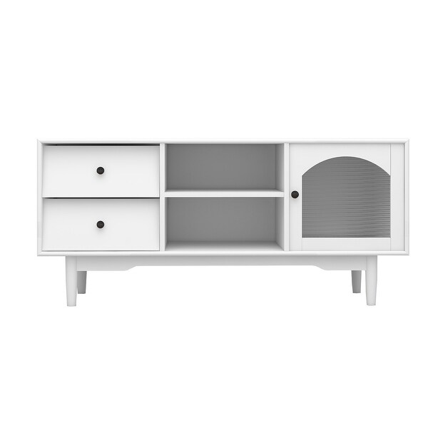 White TV Stand with Drawers and Open Shelves, A Cabinet with Glass Doors for Storage