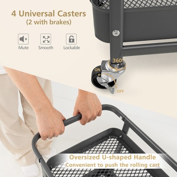 Multifunction 3-Tier Utility Storage with Cart 2 baskets and 4 hooks, Metal Rolling Trolley with 2 DIY Pegboard Baskets