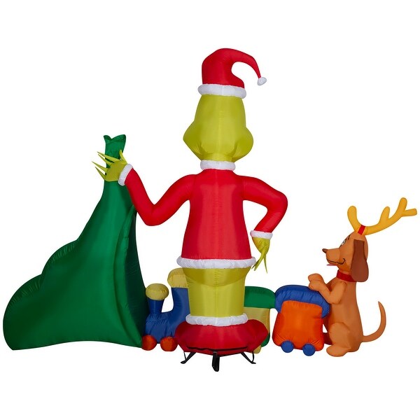 Gemmy Christmas Airblown Inflatable Grinch Putting Train in Santa Sack Scene Dr. Seuss, 6.5 ft Tall