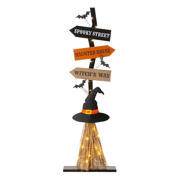 Glitzhome 42"H Lighted Wooden Witch's Broom Porch Decor - Multi-color