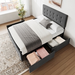 Button Upholstered Platform Bed Frame with Storage and 4 Drawers