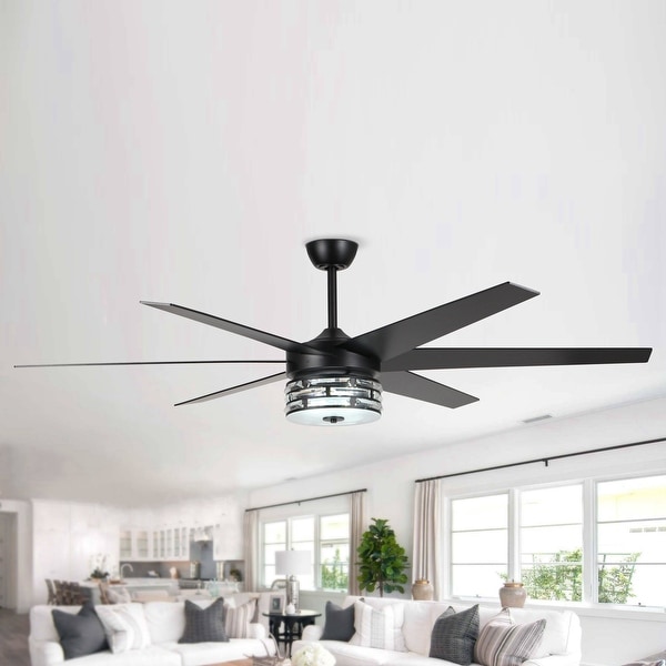 Modern 70-in Matte Black 6-Blade Crystal LED Ceiling Fan with Light and Remote - 70-in W x 21.9-in H