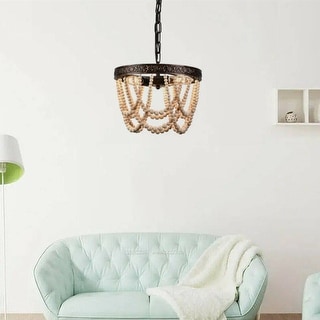 3 Light Farmhouse Wooden Beaded Pendant Light - 12.6''
