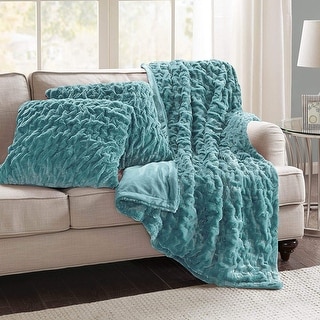 Ruched Faux Fur Plush 3 Piece Throw Blanket Set