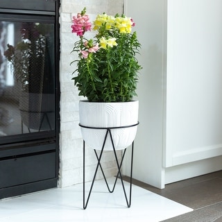 12.5" H White Patterened Cement Plant Pot in Metal Stand