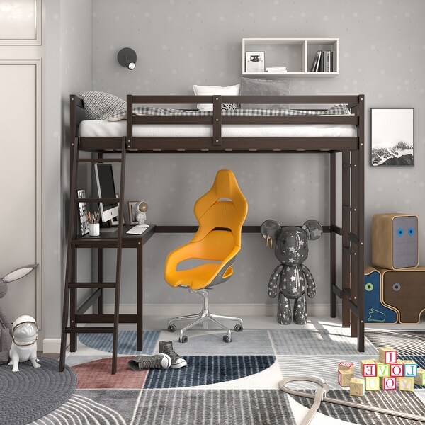 Costway Twin Loft Bed Frame w/Desk Angled and Built-in Ladder Solid