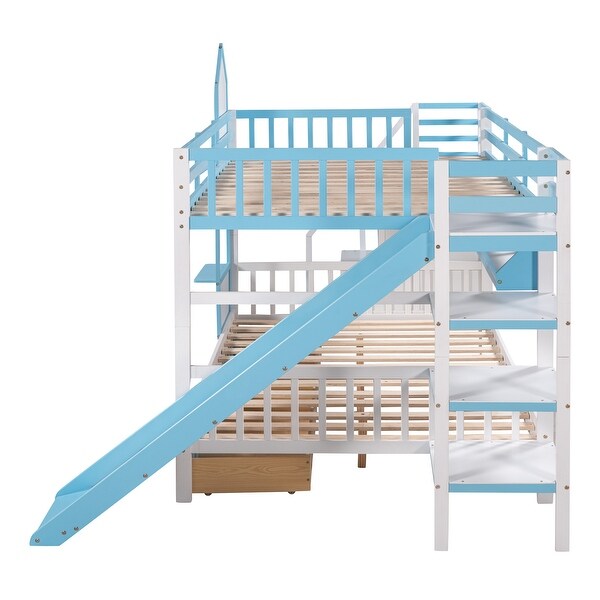 Full-Over-Full Castle Style Bunk Bed with with 2 Drawers 3 Shelves and Slide