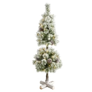 3' Flocked Christmas Tree Topiary with 50 LED Lights and Pine Cones - Green