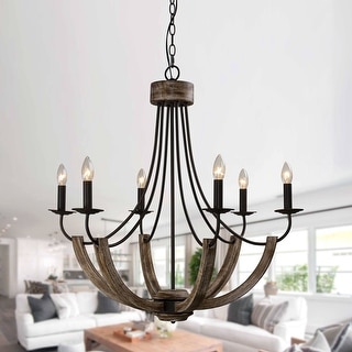 30" Rustic Distressed Wooden 6-light Iron Chandelier