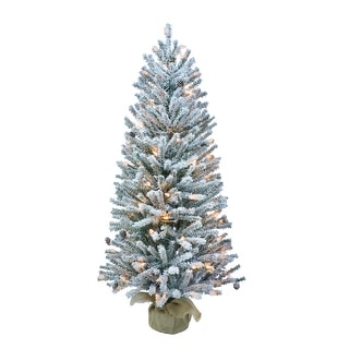 Puleo International Pre-Lit 4' Flocked Fir Artificial Christmas Tree with Pines Cones, and 100 Lights, Green