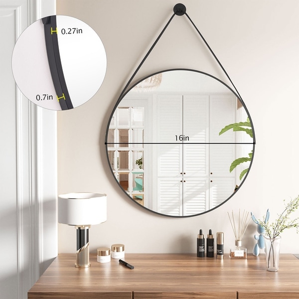 Wall Mounted Decor Bathroom Mirror with Hanging Leather Strap Black
