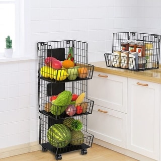 3-Tier Metal Kitchen Storage Basket with Tray, Stackable Detachable Fruit Vegetable Storage
