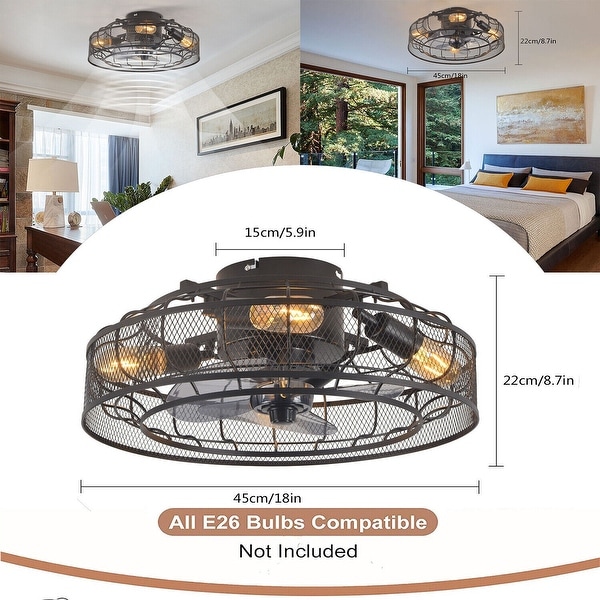 18" Ceiling Fan Light 3 Gears Caged Fan Lamp E26 W/ Remote - 18''