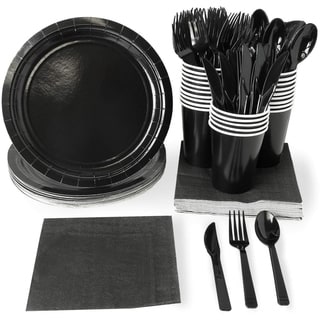 Serves 24 Black Party Supplies Disposable Paper Dinnerware Tableware Plain Black