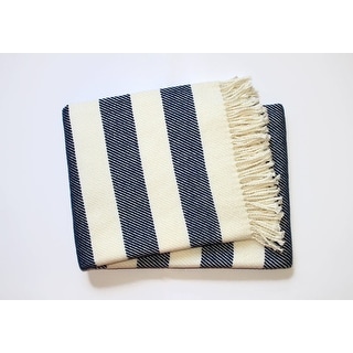 Cream and Navy Blue Slanted Stripe Fringed Throw Blanket