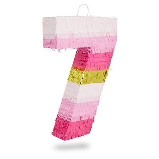 Small Pink and Gold Foil Number 7 Pinata for Kids 7th Birthday Party Decorations (16.5 x 10 Inches)