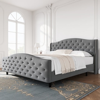 Grey Tufted Upholstered Platform Bed Frame with Headboard and Footboard Quality Choice