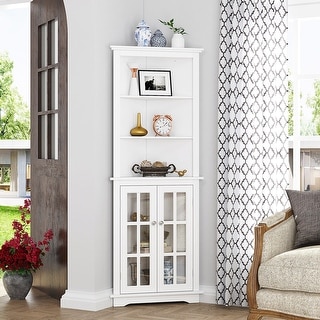 Spirich Home Bathroom Tall Corner Storage Cabinet, Floor Slim Display with Glass Doors and Adjustable Shelves White